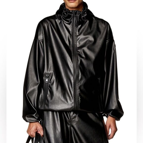 Diesel J-MICC Faux Leather Windbreaker Jacket Full Zip Hooded Designer Size 46 - Picture 1 of 11